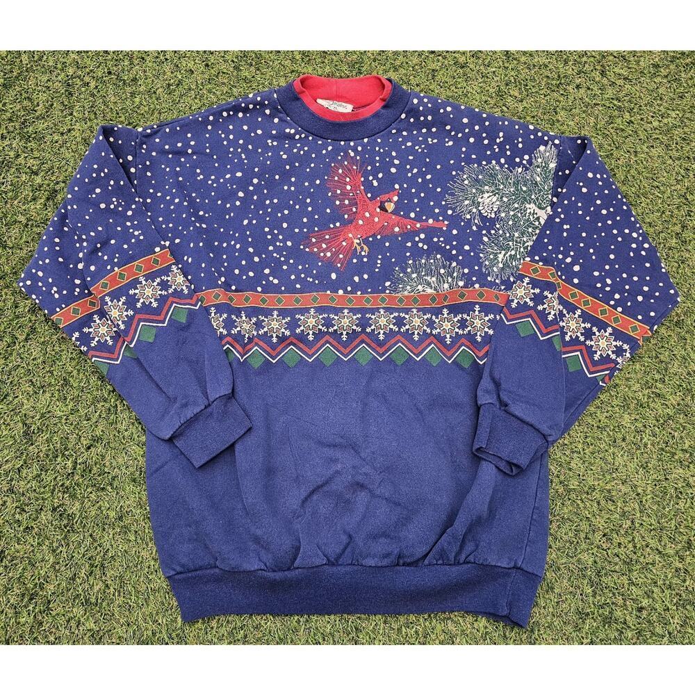 Vtg Artisans Cardinal Crewneck Sweatshirt Sz L-X All Over Print Bird Winter Snow